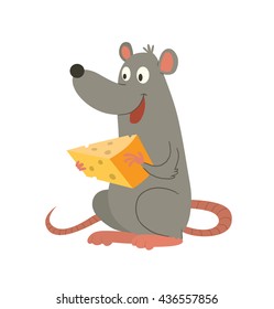 Vector cartoon image of a funny gray rat with a long pink tail sitting with a piece of yellow cheese in his paws and smiling on a white background. Vector illustration.