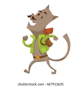 Vector cartoon image of a funny gray cat-tourist in green jacket, brown belt with a brown backpack on his back walking on a white background. Vector illustration of a cat-traveler.