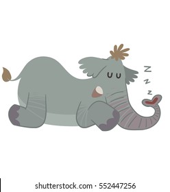 Vector cartoon image of a funny gray elephant lying on his stomach and sleeping on a white background. Zoo. Vector illustration.