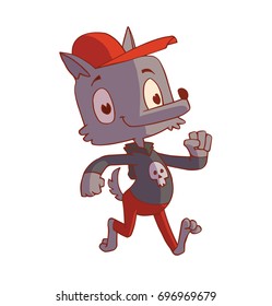 Vector cartoon image of a funny gray male wolf in red pants, a black sweatshirt and a red cap, jogging and smiling on a white background. Animal, forest, positive character. Vector illustration.