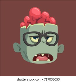 Vector cartoon image of a funny gray zombie with big head frightening someone on a dark background. Design illustration for logo, emblem, print, sticker, t-shirt, party decoration or children book