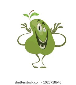 Vector cartoon image of a funny green pear with green leaves standing with a happy expression on its face on a white background. Emotions, emoji, character. Vector illustration.