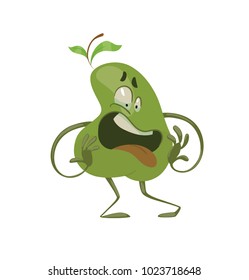 Vector cartoon image of a funny green pear with green leaves standing with an expression of disgust on its face on a white background. Emotions, emoji, character. Vector illustration.