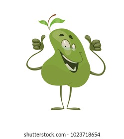 Vector cartoon image of a funny green pear with green leaves standing, showing thumbs up and smiling on a white background. Emotions, emoji, character. Vector illustration.