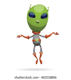 Vector cartoon image of funny green alien with big eyes and a small antennas on his his head in gray-orange spacesuit, smiling and soaring on a white background. Vector illustration.