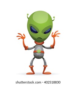 Vector cartoon image of funny green alien with big eyes and a small antennas on his head in gray-orange spacesuit, standing and frightening someone on a white background. Vector illustration.