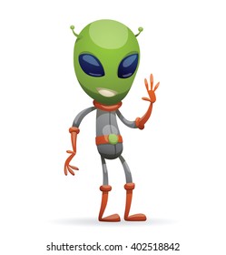 Vector cartoon image of funny green alien with big eyes and a small antennas on his head in gray-orange spacesuit, standing and waving his left hand on a white background. Vector illustration.