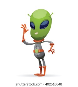 Vector cartoon image of funny green alien with big eyes and a small antennas on his head in gray-orange spacesuit, standing and waving his right hand on a white background. Vector illustration.