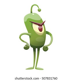 Vector cartoon image of funny green microbe with one big eye, with an antenna, with arms and legs, standing angry on a white background. Positive character. Creature. Vector illustration.