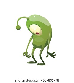 Vector cartoon image of funny green microbe with one big eye, with an antenna, with arms and legs, standing sad on a white background. Positive character. Creature. Vector illustration.