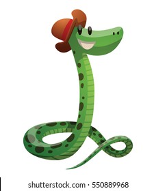 Vector cartoon image of a funny green snake with a small brown-red hat on her head smiling on a white background. Vector illustration.