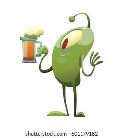 Vector cartoon image of a funny green microbe with one big eye, with an antenna, with arms and legs, standing with a mug of beer in his hand on a white background. Positive character. Creature. 