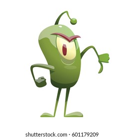 Vector cartoon image of a funny green microbe with one big eye, with an antenna, with arms and legs, standing and showing thumb down on a white background. Positive character. Creature. 