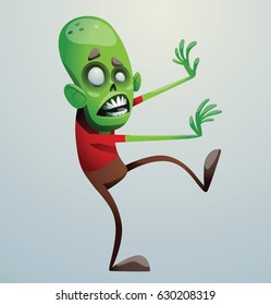 Vector cartoon image of a funny green zombie with big head in brown pants and a red t-shirt walking to the right on a light gray background. Apocalypse, dead, halloween. Vector illustration.