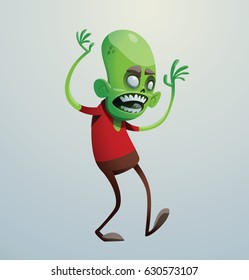 Vector cartoon image of a funny green zombie with big head in brown pants and red t-shirt frightening someone on the right on a light gray background. Apocalypse, dead, halloween. Vector illustration.