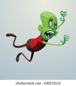Vector cartoon image of a funny green zombie with big head in brown pants and red t-shirt jumping on someone on a light gray background. Apocalypse, dead, halloween. Vector illustration.