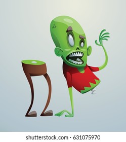 Vector cartoon image of a funny green zombie with big head in brown pants and red t-shirt fell apart into two parts on a light gray background. Apocalypse, dead, halloween. Vector illustration.