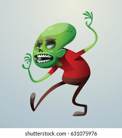 Vector cartoon image of a funny green zombie with big head in brown pants and red t-shirt sneaking up to someone on the left on light gray background. Apocalypse, dead, halloween. Vector illustration.