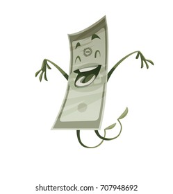 Vector cartoon image of a funny green banknote with arms and legs happily jumping and smiling on a white background. Money, finance, business, currency, dollar. Vector illustration.