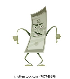 Vector cartoon image of a funny green banknote with arms and legs standing and showing thumbs down on a white background. Money, finance, business, currency, dollar. Vector illustration.