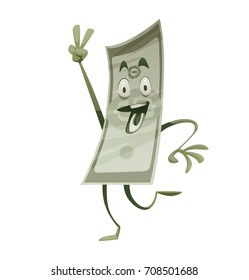 Vector cartoon image of a funny green banknote with arms and legs standing, showing sign of victory and smiling on a white background. Money, finance, business, currency, dollar. Vector illustration.