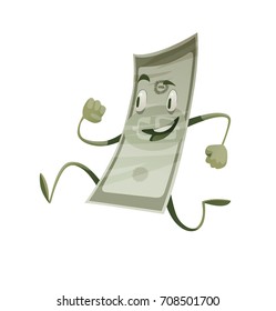 Vector cartoon image of a funny green banknote with arms and legs running somewhere and smiling on a white background. Money, finance, business, currency, dollar. Vector illustration.