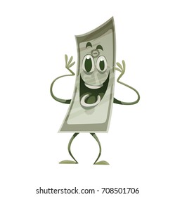 Vector cartoon image of a funny green banknote with arms and legs standing and smiling on a white background. Money, finance, business, currency, dollar. Vector illustration.