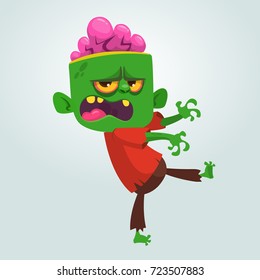 Vector cartoon image of a funny green zombie with big head in brown pants and red t-shirt walking to the right and smiling on a light gray background. Apocalypse, dead, halloween. Vector illustration.