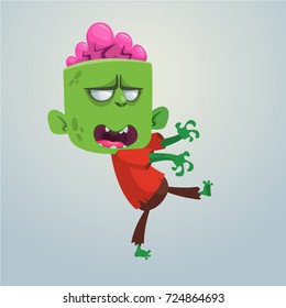 Vector cartoon image of a funny green zombie with big head in brown pants and a red t-shirt on a light gray background. Vector illustration.