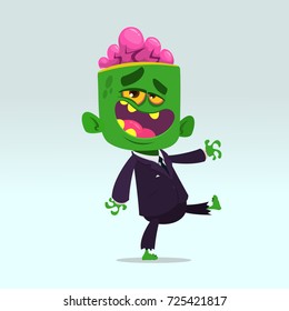 Vector cartoon image of a funny green zombie with big head in business suit isolated on a light gray background. Halloween vector illustration.