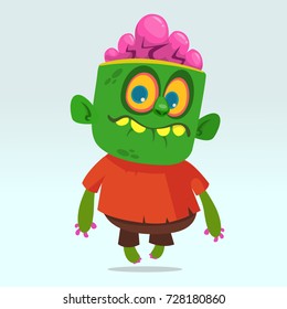 Vector cartoon image of a funny green zombie with big head in brown pants and red t-shirt walking to the right and smiling on a light gray background. Halloween. Vector illustration.