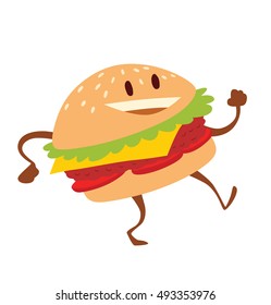 Vector cartoon image of a funny hamburger with cooked patty of ground meat, lettuce, tomato and cheese, walking and smiling on a white background Snack, lunch, street food. Vector illustration.