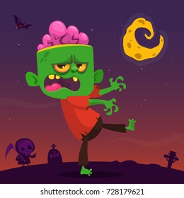 Vector cartoon image of a funny happy zombie smiling on a night background with cemetery, grim reaper, tombs and moon. Halloween. Vector illustration isolated.