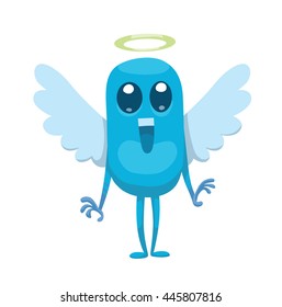 Vector cartoon image of funny light blue angel with white wings and golden halo over his head, standing and rejoicing on a white background. Positive character. Vector cartoon illustration of angel