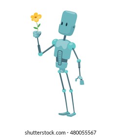 Vector cartoon image of funny light blue robot with long arms and legs standing with a yellow flower in his hand on a white background. Positive character. Technology, Robotics. Vector illustration.