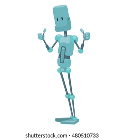 Vector cartoon image of funny light blue robot with long arms and legs standing and showing thumbs up on a white background. Positive character. Technology, Robotics. Vector illustration.