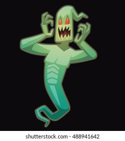 Vector cartoon image of funny light green ghost with red eyes frightened flying on a black background. Halloween. Spirit, fear, terror. Vector illustration.