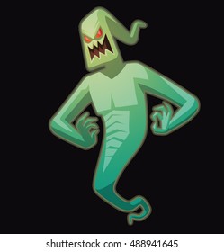 Vector cartoon image of funny light green ghost with red eyes flying and grinning on a black background. Halloween. Spirit, fear, terror. Vector illustration.