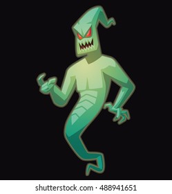 Vector cartoon image of funny light green ghost with red eyes flying and beckoning someone by a finger  on a black background. Halloween. Spirit, fear, terror. Vector illustration.