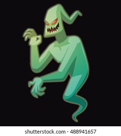 Vector cartoon image of funny light green ghost with red eyes flying and waving his hand on a black background. Halloween. Spirit, fear, terror. Vector illustration.