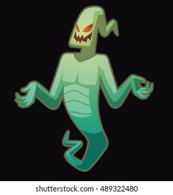 Vector cartoon image of funny light green ghost with red eyes flying and smiling on a black background. Halloween. Spirit, fear, terror. Vector illustration.