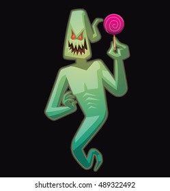 Vector cartoon image of funny light green ghost with red eyes flying with a pink lollipop in his hand on a black background. Halloween. Spirit, fear, terror. Vector illustration.