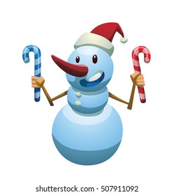 Vector cartoon image of funny light blue snowman with red nose, in a red Santa hat standing with red and blue candy canes in his hands on a white background.  Winter, Holiday, Christmas, New Year.