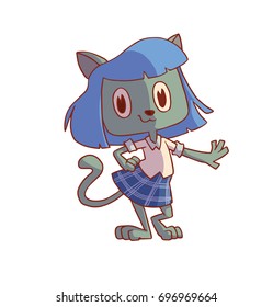 Vector cartoon image of a funny light gray female cat with blue hair in a white shirt and blue skirt standing and smiling on a white background. Animal, forest, positive character. Vector illustration