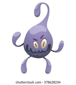 Vector cartoon image of funny lilac monster like the drop with a crest on his head, with two legs and arms, with two eyes and a big mouth standing on a white background. Halloween. Vector illustration