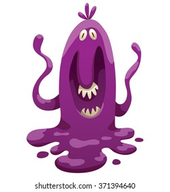 Vector cartoon image of funny liquid purple monster with two eyes and a mouth with teeth, with two arms, flowed on a white background. Halloween. Vector illustration.