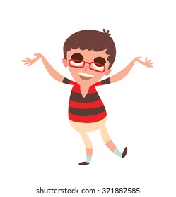 Vector cartoon image of a funny little boy in glasses with black hair in red and black striped t-shirt and white shorts standing and rejoicing on a white background. Vector illustration.