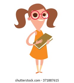 Vector cartoon image of a funny little girl in glasses with brown hair in an orange dress with a light brown book in her hands smiling on a white background. Vector illustration.