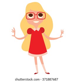 Vector cartoon image of a funny little girl in glasses with long blonde hair in red dress standing and smiling on a white background. Vector illustration.