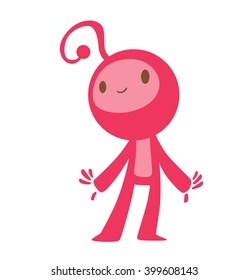 Vector cartoon image of funny little pink creature. Funny little creature with a long antenna on his head. Creature with two arms and legs. Funny creature standing and smiling. Made in flat style.